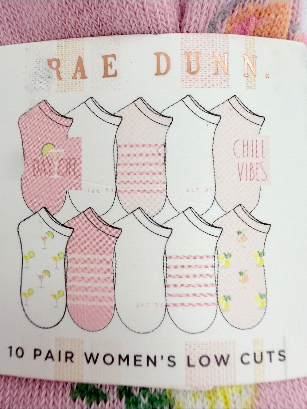 Rae Dunn 10 Pairs Women’s Low Cut Socks Cocktail Pink White Printed Stripes NWT